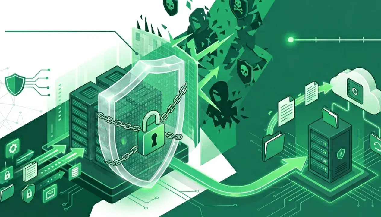 Illustration d'une sécurité informatique robuste, avec des serveurs protégés par un bouclier et un cadenas. Des icônes de menaces tentent de percer, mais le réseau 3G reste sécurisé.