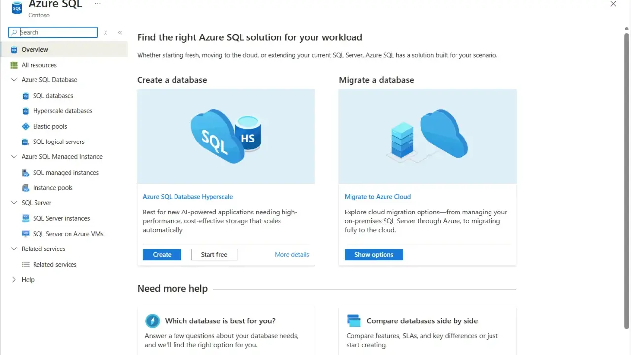 Tableau de bord Azure SQL. Créez ou migrez des bases de données SQL vers le cloud.