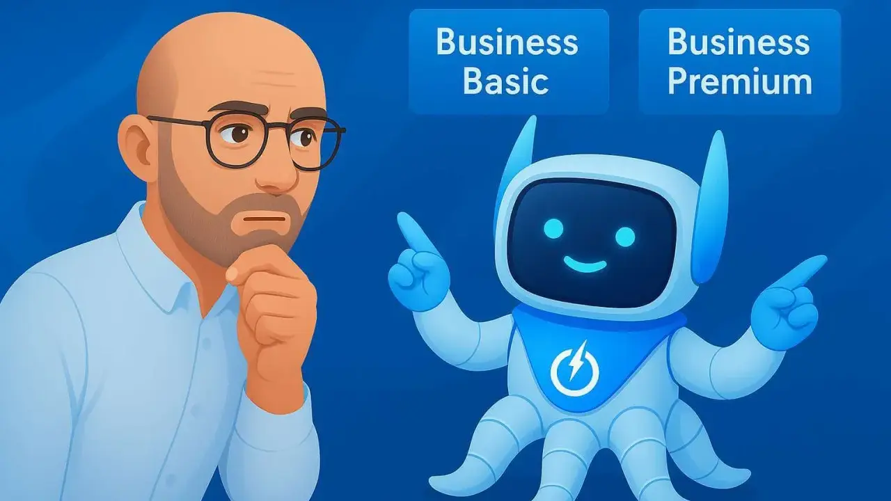 Un homme réfléchit, un robot amical pointe vers "Business Premium" et "Business Basic", suggérant des options pour Office 365.