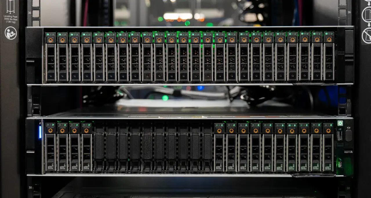 Serveur avec plusieurs baies de disques SSD, toutes allumées en **full flash**. Les indicateurs verts brillent intensément.
