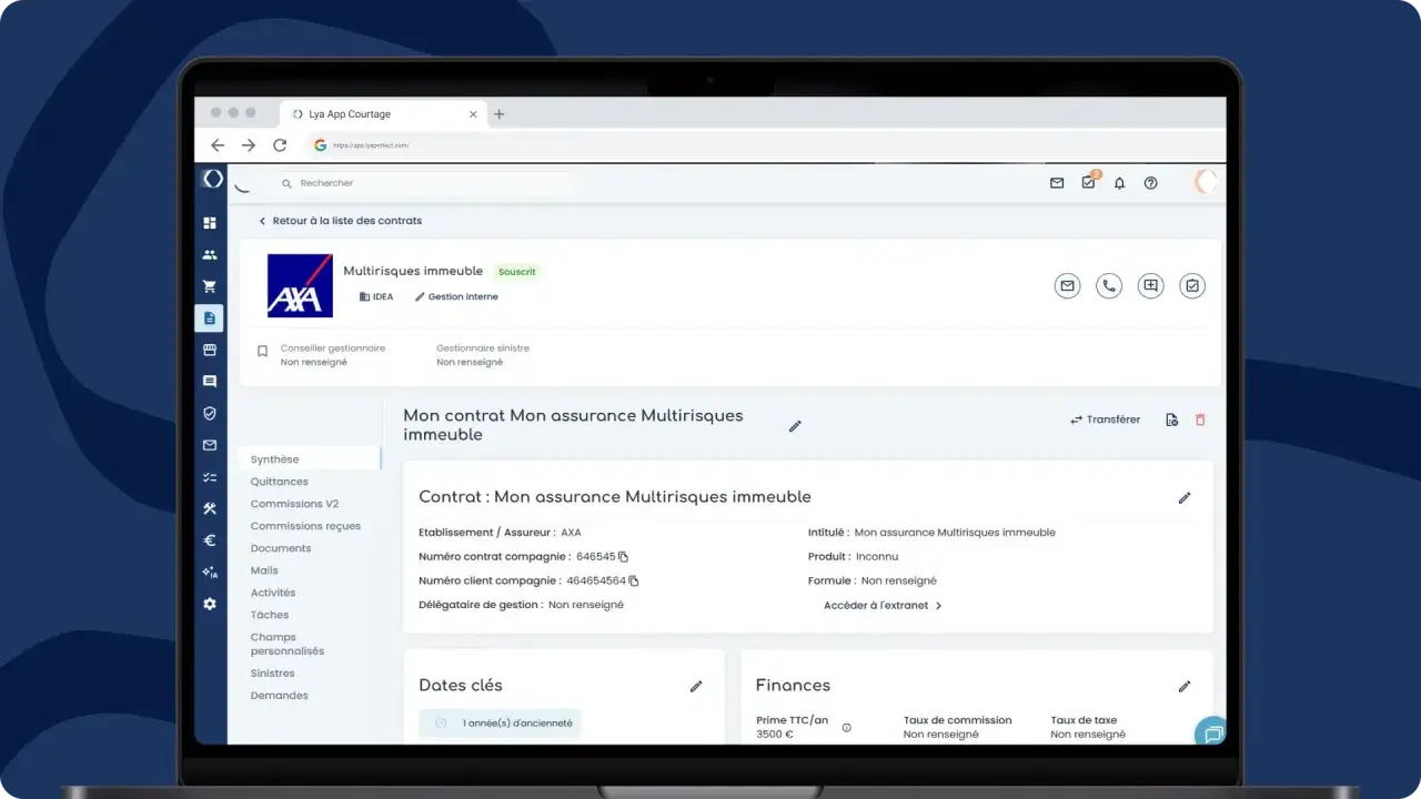 Interface d'une application de courtage en assurance, affichant les détails d'un contrat multirisques immeuble AXA. Gestion des sinistres et des finances pour une meilleure expérience ged assurance.