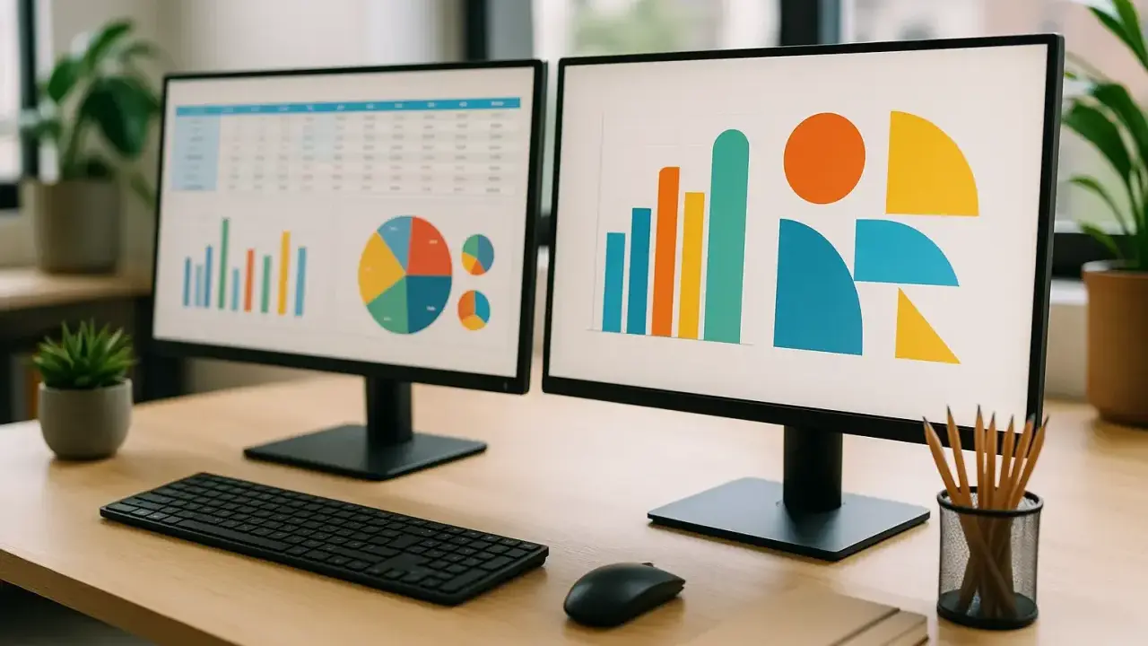 Bureau avec deux écrans affichant des graphiques. Un ordinateur avec Windows VM en ligne pour analyser les données.