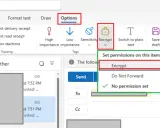 Menu Options d'Outlook, avec l'option "Encrypt" sélectionnée pour la protection des mails.