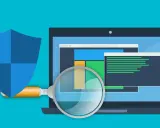 Bouclier bleu protégeant un ordinateur portable analysé par une loupe. Illustration sur la façon de se débarrasser du ransomware.