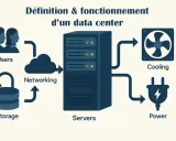 Schéma expliquant comment fonctionne un data center : les utilisateurs accèdent aux serveurs via le réseau, le stockage est sécurisé, le refroidissement maintient la température et l'alimentation électrique est essentielle.