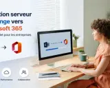 Une femme travaille sur un ordinateur affichant une migration de serveur Exchange vers Microsoft 365. Icônes de performance et collaboration.