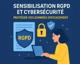 Sensibilisation RGPD et cybersécurité : une définition pour protéger vos données. Icônes de cadenas, bouclier et personne sur ordinateur.
