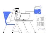 Un consultant GED stressé, mains sur la tête, face à un ordinateur. Un dossier bleu avec un point d'exclamation suggère un problème de gestion documentaire.