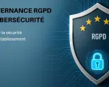 Gouvernance RGPD et cybersécurité : un bouclier symbolisant la protection des données en entreprise, avec un cadenas et les étoiles de l'UE.