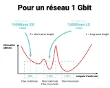 Graphique comparant l'atténuation de différents types de fibre optique (multimode et monomode) en fonction de la longueur d'onde, pour un réseau 1 Gbit.
