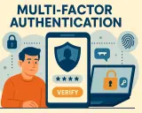 Illustration sur l'authentification multi-facteurs (MFA). Un homme, un smartphone affichant un code et un ordinateur portable avec un cadenas symbolisent la sécurité.