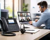 Un homme en casque participe à une visioconférence. Un téléphone IP et un ordinateur portable sont sur le bureau, illustrant la **PABX définition** pour la communication d'entreprise.