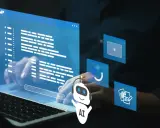 Un robot IA interagit avec des fenêtres d'interface utilisateur, symbolisant le **process robotic automation** et l'efficacité numérique.