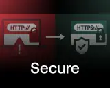 Transition d'un site HTTP non sécurisé vers HTTPS, symbolisant un audit sécurité web réussi. Icônes de cadenas, bouclier et alerte.