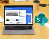 Un ordinateur portable affiche un intranet SharePoint, "Le petit Nexus", avec des articles sur la politique et des événements. Le logo de SharePoint est à côté.