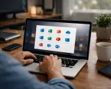 Un homme utilise un ordinateur portable affichant la grille d'applications Office 365, incluant Word, Excel et OneDrive.