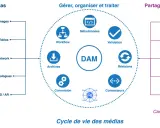 Schéma illustrant le cycle de vie des médias, de la création à la distribution, centré sur un système DAM.