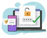 Sécurité renforcée : un cadenas ouvert et des étoiles pour le mot de passe sur un écran d'ordinateur, avec un téléphone affichant un code et un bouclier. Fin des demandes de mot de passe intempestives Office 365.