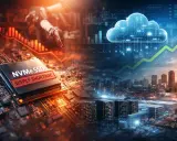 Un composant de stockage flash NVMe SSD avec "SUPPLY SHORTAGE" est superposé à une ville futuriste et un nuage symbolisant le cloud.