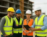 Équipe d'ingénieurs discutant sur un ged chantier, casques et gilets de sécurité, tablette à la main.