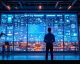 Un homme observe un écran futuriste affichant des schémas complexes et des données financières, symbolisant l'automatisation des processus robotisés (RPA) dans la finance.