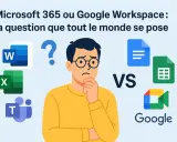 Un homme perplexe face aux logos de Microsoft 365 (Word, Excel, Teams) et Google Workspace (Docs, Sheets, Meet). Microsoft shared c'est quoi ?