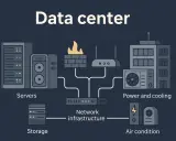 Schéma expliquant ce qu'est un data center : serveurs, stockage, infrastructure réseau, alimentation, refroidissement et climatisation.