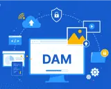 Illustration d'un système DAM d'entreprise : gestion de contenu visuel, sécurité, stockage cloud et analyse de données.
