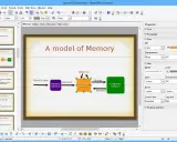 Un étudiant utilise OpenOffice Impress pour créer une présentation sur un modèle de mémoire, montrant les étapes de la mémoire sensorielle, à court terme et à long terme.