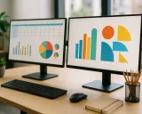 Bureau avec deux écrans affichant des graphiques. Un ordinateur avec Windows VM en ligne pour analyser les données.
