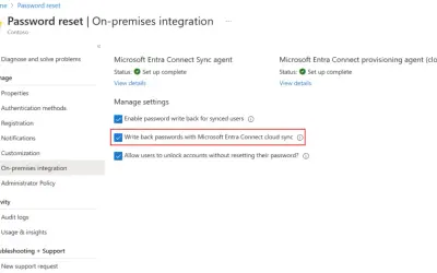 Paramètres de réinitialisation de mot de passe Azure AD : activation de la synchronisation des mots de passe avec Microsoft Entra Connect cloud sync.