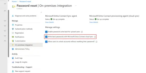 Paramètres de réinitialisation de mot de passe Azure AD : activation de la synchronisation des mots de passe avec Microsoft Entra Connect cloud sync.