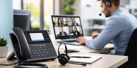 Un homme en casque participe à une visioconférence. Un téléphone IP et un ordinateur portable sont sur le bureau, illustrant la **PABX définition** pour la communication d'entreprise.
