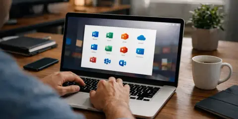Un homme utilise un ordinateur portable affichant la grille d'applications Office 365, incluant Word, Excel et OneDrive.
