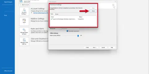 Configuration d'un compte de messagerie, type IBM Notes Mail, réussie dans Outlook. Le test de connexion est terminé.