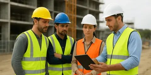 Équipe d'ingénieurs discutant sur un ged chantier, casques et gilets de sécurité, tablette à la main.