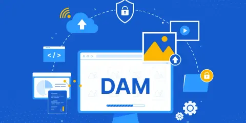 Illustration d'un système DAM d'entreprise : gestion de contenu visuel, sécurité, stockage cloud et analyse de données.