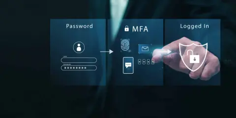 Schéma de connexion : mot de passe, puis vérification MFA (empreinte digitale, email, code), et enfin accès sécurisé.