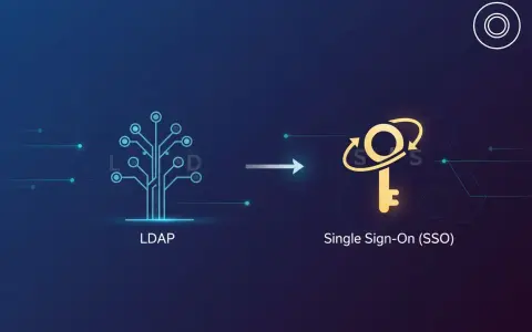 Illustration comparant LDAP, un arbre de connexions, à un SSO, une clé dorée symbolisant l'accès unique.