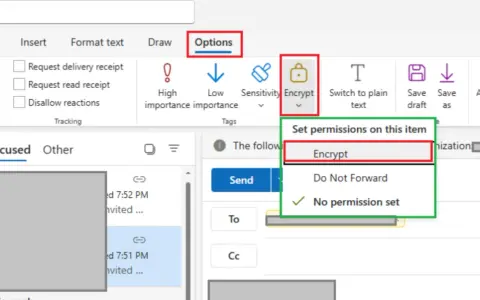 Menu Options d'Outlook, avec l'option "Encrypt" sélectionnée pour la protection des mails.