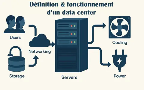 Schéma expliquant comment fonctionne un data center : les utilisateurs accèdent aux serveurs via le réseau, le stockage est sécurisé, le refroidissement maintient la température et l'alimentation électrique est essentielle.