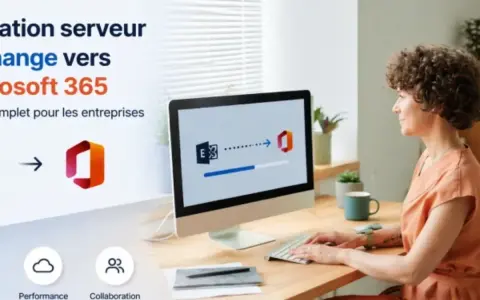 Une femme travaille sur un ordinateur affichant une migration de serveur Exchange vers Microsoft 365. Icônes de performance et collaboration.