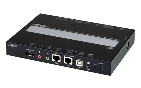 Appareil KVM réseau ATEN CN9950, un switch 4K DisplayPort pour accès local/distant. Il permet de gérer plusieurs ordinateurs via un seul poste.