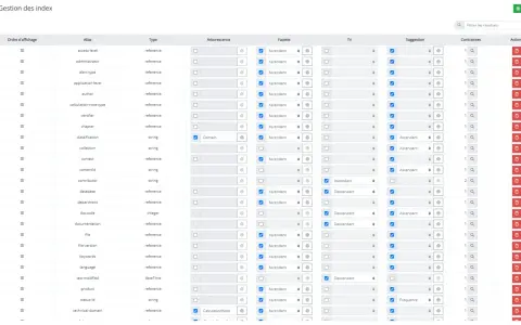 Interface de gestion des index d'une entreprise. Ce plan de classement exemple liste les champs, leurs types et options de tri.