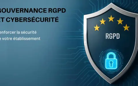 Gouvernance RGPD et cybersécurité : un bouclier symbolisant la protection des données en entreprise, avec un cadenas et les étoiles de l'UE.