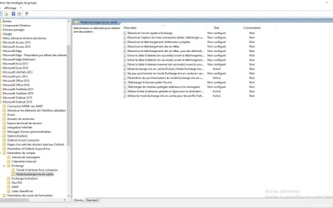 Éditeur de gestion des stratégies de groupe : Paramètres de compte > Exchange > Mode Exchange mis en cache. Les options de synchronisation sont actives ou non configurées.