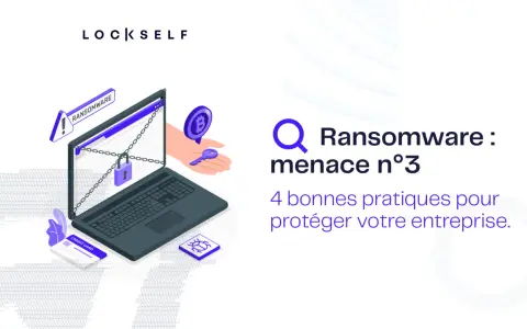 Un ordinateur portable cadenas, une clé et un symbole Bitcoin illustrent la menace du ransomware as a service. 4 bonnes pratiques pour protéger votre entreprise.