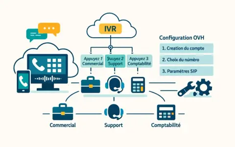 Schéma d'un système IVR OVH avec configuration SIP, gestion des appels commerciaux, support et comptabilité.
