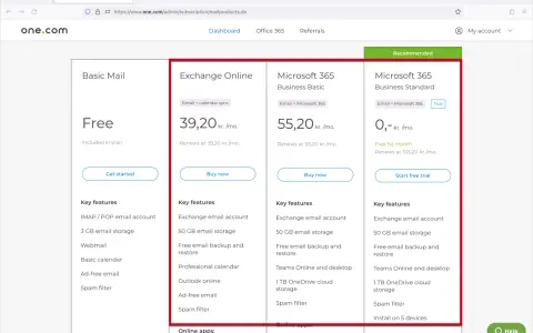 Comparatif des offres email : Basic Mail gratuit, Exchange Online à 39,20 kr./mois, et Microsoft 365 à partir de 0 kr. le 1er mois.