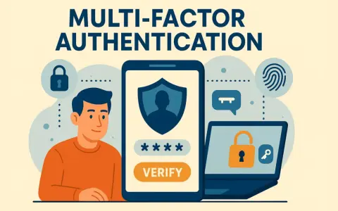 Illustration sur l'authentification multi-facteurs (MFA). Un homme, un smartphone affichant un code et un ordinateur portable avec un cadenas symbolisent la sécurité.
